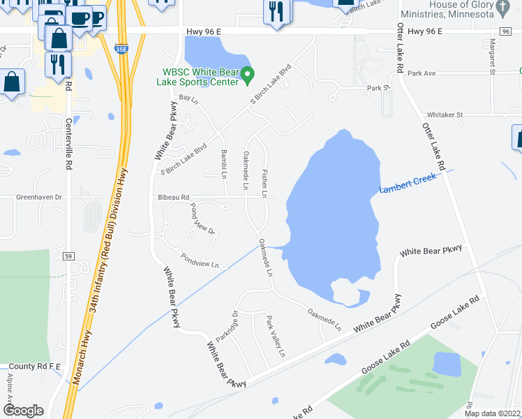 map of restaurants, bars, coffee shops, grocery stores, and more near 4305 Fisher Lane in White Bear Lake