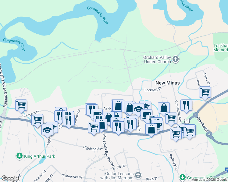 map of restaurants, bars, coffee shops, grocery stores, and more near 1061 Aalders Avenue in New Minas