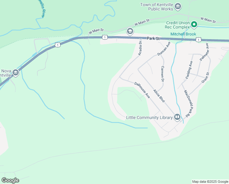 map of restaurants, bars, coffee shops, grocery stores, and more near 36 Acadia Drive in Kentville