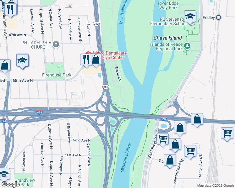 map of restaurants, bars, coffee shops, grocery stores, and more near 6417 Willow Lane in Brooklyn Center
