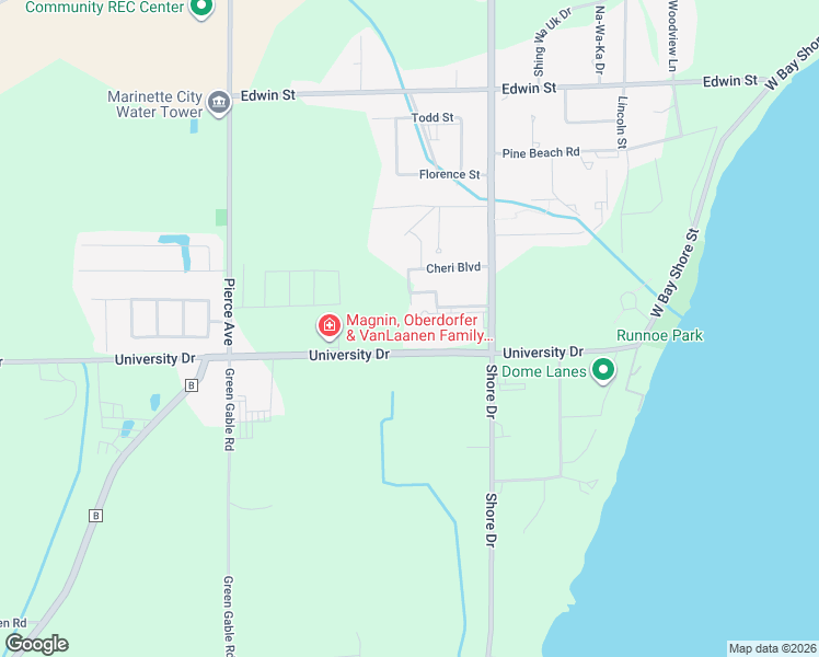 map of restaurants, bars, coffee shops, grocery stores, and more near 1200 University Drive in Marinette