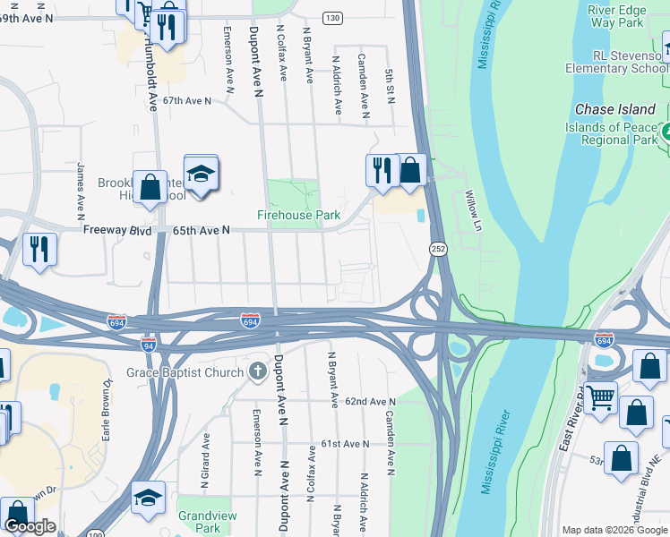 map of restaurants, bars, coffee shops, grocery stores, and more near 6401 Camden Avenue North in Brooklyn Center