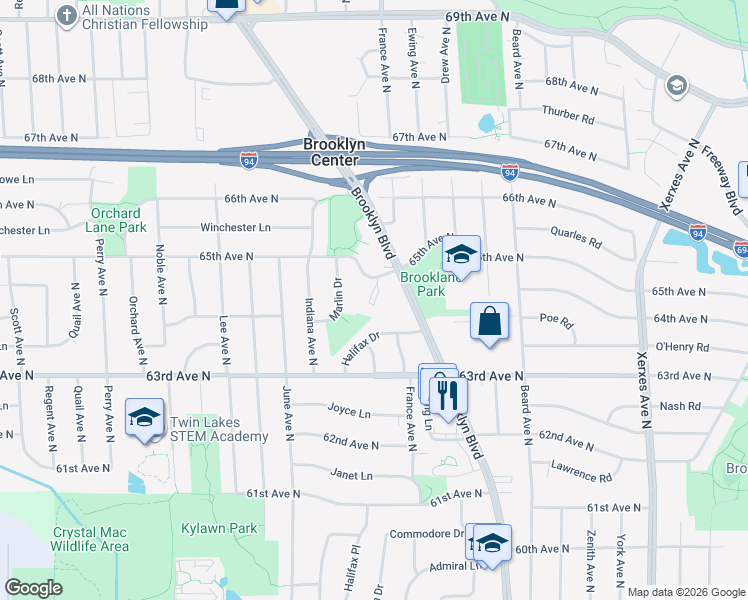 map of restaurants, bars, coffee shops, grocery stores, and more near 3909 65th Avenue North in Brooklyn Center