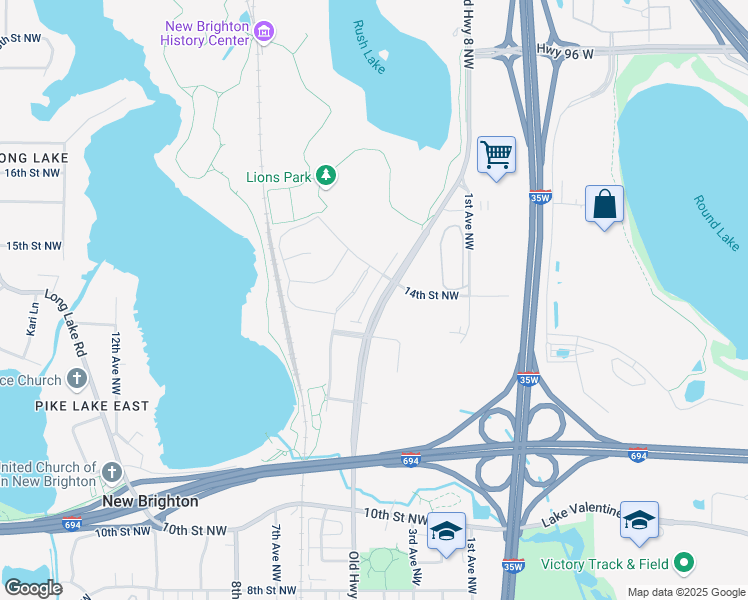 map of restaurants, bars, coffee shops, grocery stores, and more near 1392 Old Highway 8 Northwest in New Brighton