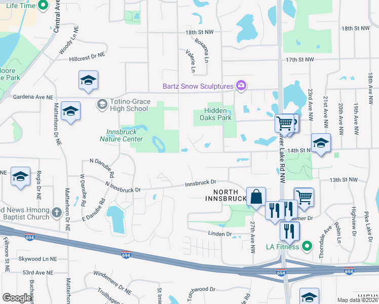 map of restaurants, bars, coffee shops, grocery stores, and more near 3115 Brookshire Lane in New Brighton