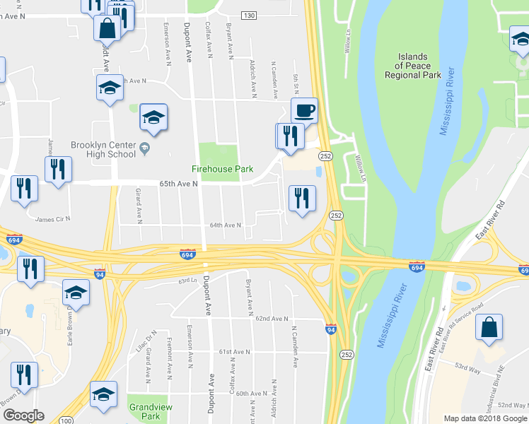 map of restaurants, bars, coffee shops, grocery stores, and more near 6407 Camden Avenue North in Brooklyn Center