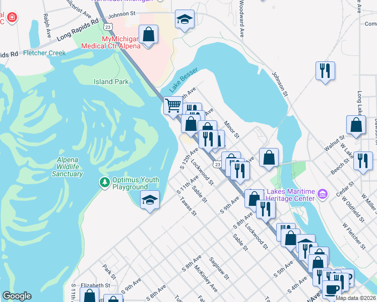 map of restaurants, bars, coffee shops, grocery stores, and more near 1119 Lockwood Street in Alpena