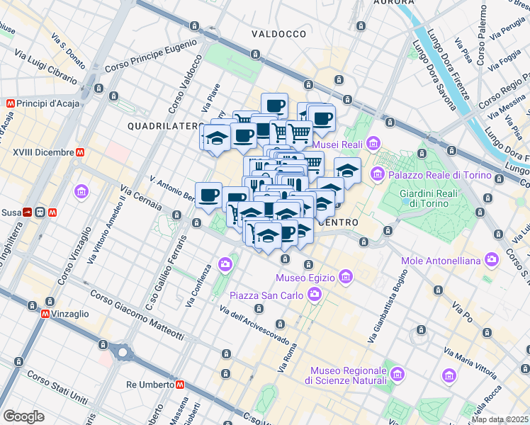map of restaurants, bars, coffee shops, grocery stores, and more near 32 Via Monte di Pietà in Torino