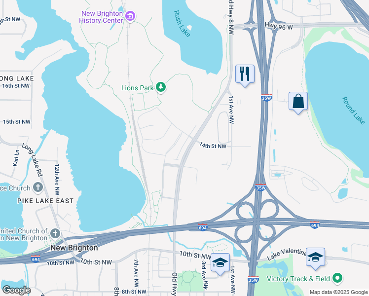 map of restaurants, bars, coffee shops, grocery stores, and more near 1392 Old Highway 8 Northwest in New Brighton