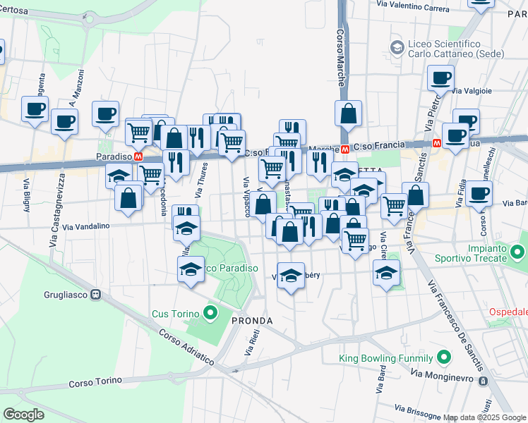map of restaurants, bars, coffee shops, grocery stores, and more near 25-35 Via Rieti in Torino