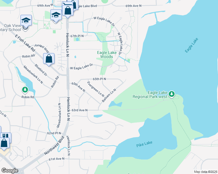 map of restaurants, bars, coffee shops, grocery stores, and more near 11355 65th Place North in Maple Grove