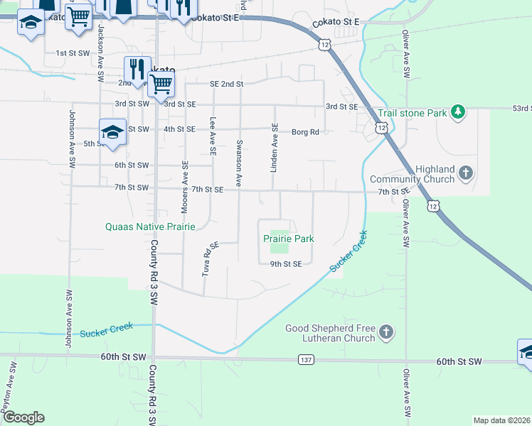 map of restaurants, bars, coffee shops, grocery stores, and more near 429 8th Street Southeast in Cokato