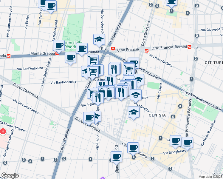 map of restaurants, bars, coffee shops, grocery stores, and more near 20 Via Monte Albergian in Torino