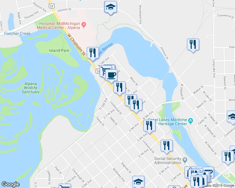 map of restaurants, bars, coffee shops, grocery stores, and more near 1074 West Chisholm Street in Alpena