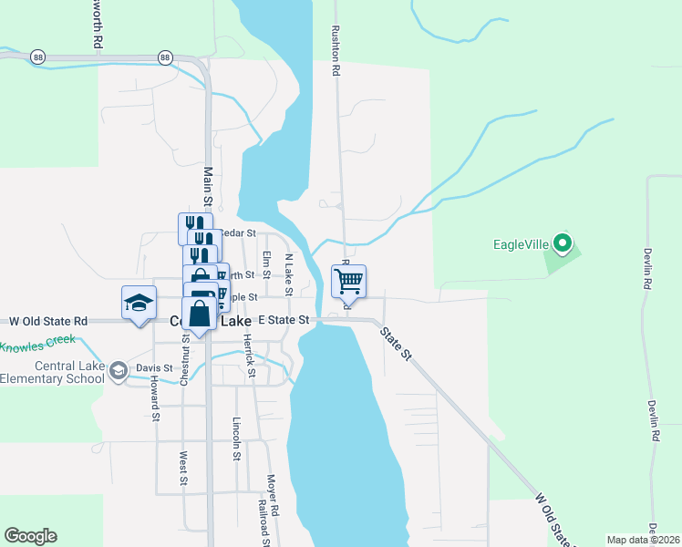 map of restaurants, bars, coffee shops, grocery stores, and more near 2541 Rushton Rd in Central Lake