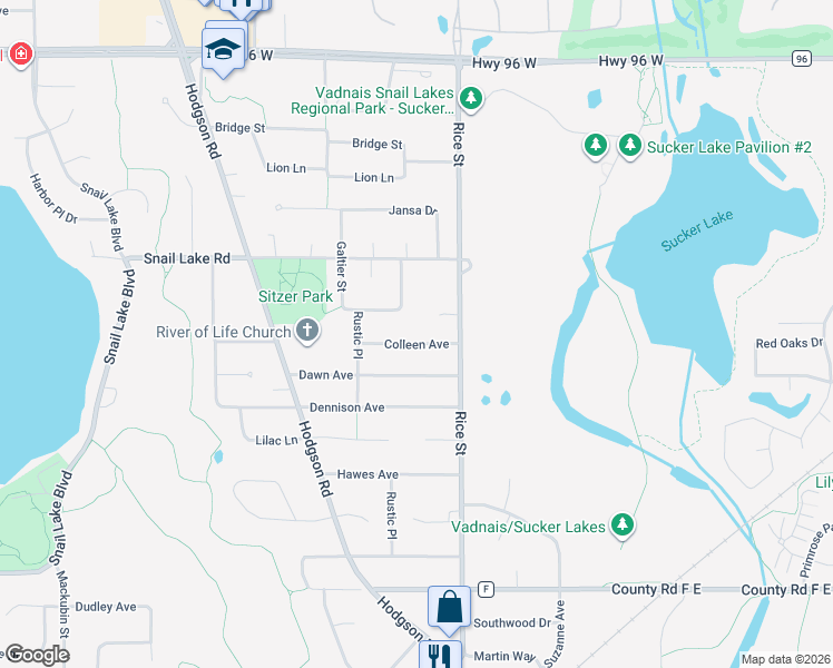 map of restaurants, bars, coffee shops, grocery stores, and more near 181 Colleen Avenue in Shoreview