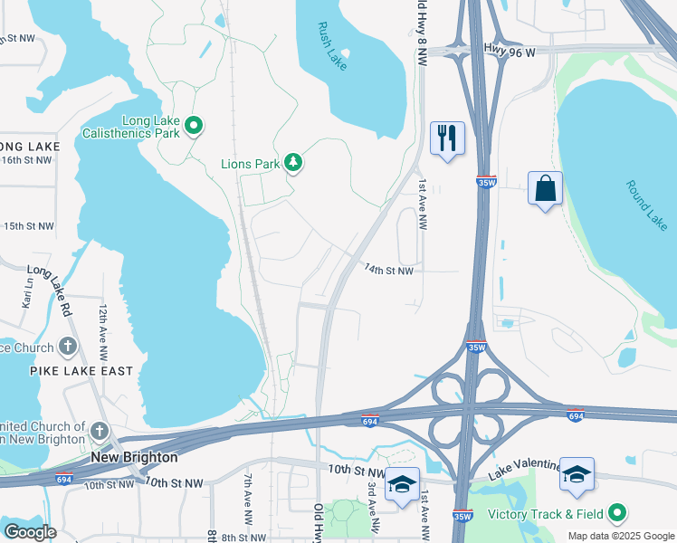 map of restaurants, bars, coffee shops, grocery stores, and more near 1392 Old Highway 8 Northwest in New Brighton