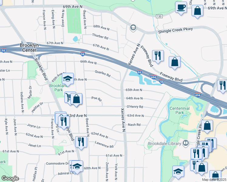 map of restaurants, bars, coffee shops, grocery stores, and more near 3025 65th Avenue North in Brooklyn Center