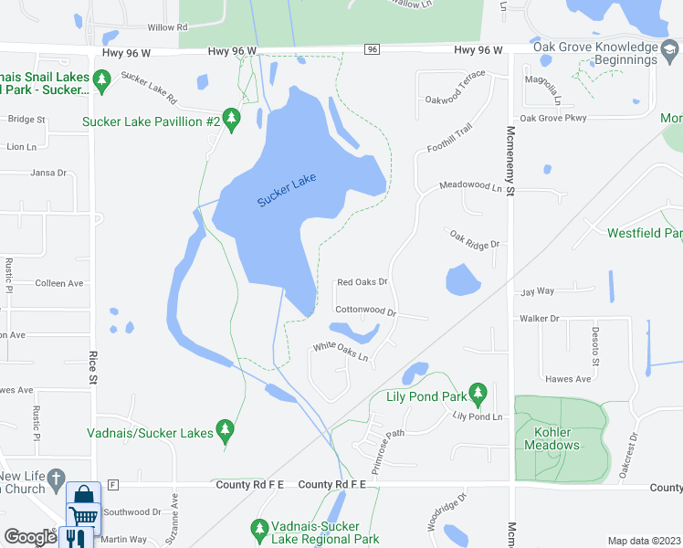 map of restaurants, bars, coffee shops, grocery stores, and more near 143 Red Oaks Drive in Vadnais Heights