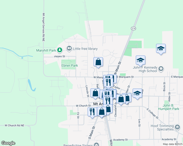 map of restaurants, bars, coffee shops, grocery stores, and more near 455 West Marquam Street in Mount Angel