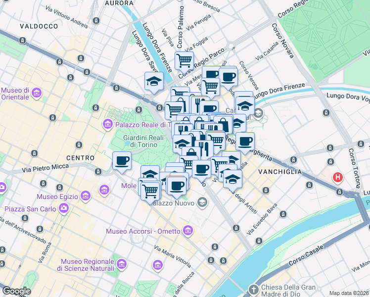 map of restaurants, bars, coffee shops, grocery stores, and more near 20 Via Gioacchino Rossini in Torino