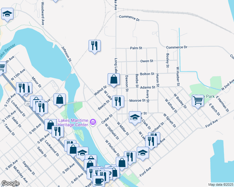 map of restaurants, bars, coffee shops, grocery stores, and more near 310 Long Lake Avenue in Alpena