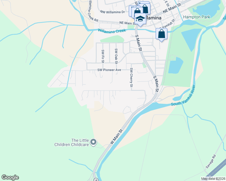 map of restaurants, bars, coffee shops, grocery stores, and more near Southwest Hill Drive in Willamina