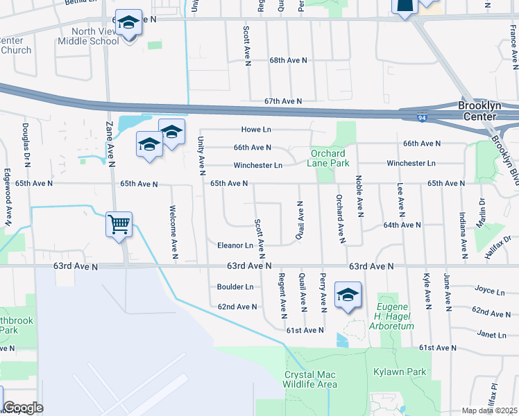 map of restaurants, bars, coffee shops, grocery stores, and more near 6412 Scott Avenue North in Minneapolis
