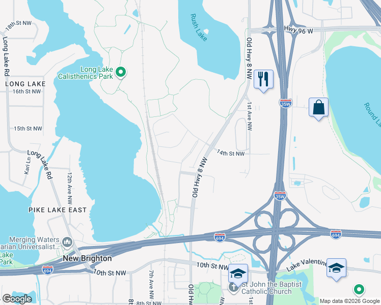 map of restaurants, bars, coffee shops, grocery stores, and more near 1368 Northwest Parkway in New Brighton