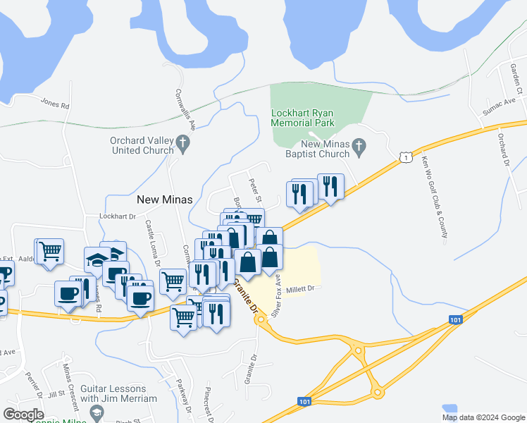 map of restaurants, bars, coffee shops, grocery stores, and more near Fowler Court in New Minas