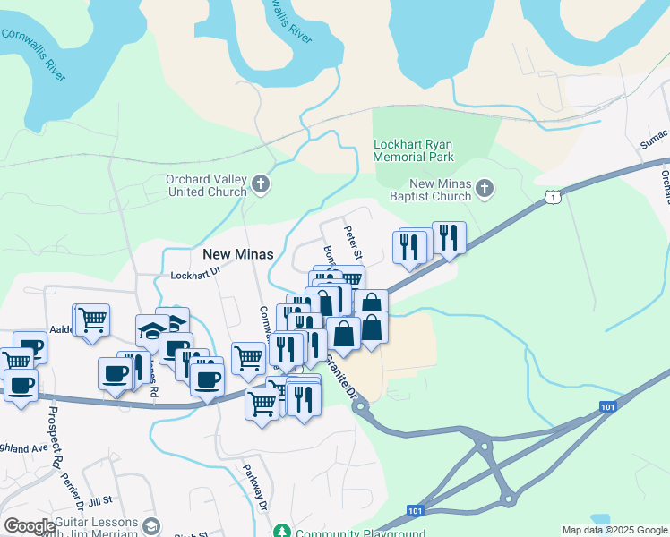 map of restaurants, bars, coffee shops, grocery stores, and more near Bonavista Avenue in New Minas
