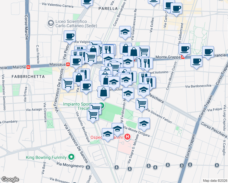 map of restaurants, bars, coffee shops, grocery stores, and more near 173 Largo Bardonecchia in Torino
