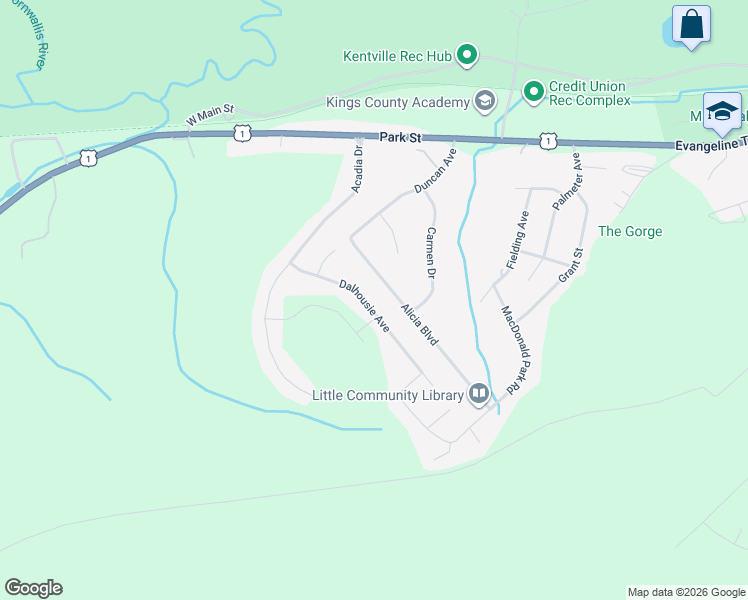 map of restaurants, bars, coffee shops, grocery stores, and more near 26 Dalhousie Avenue in Kentville