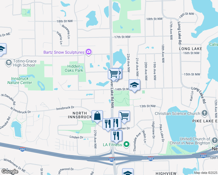 map of restaurants, bars, coffee shops, grocery stores, and more near 1420 Silver Lake Road Northwest in Saint Paul
