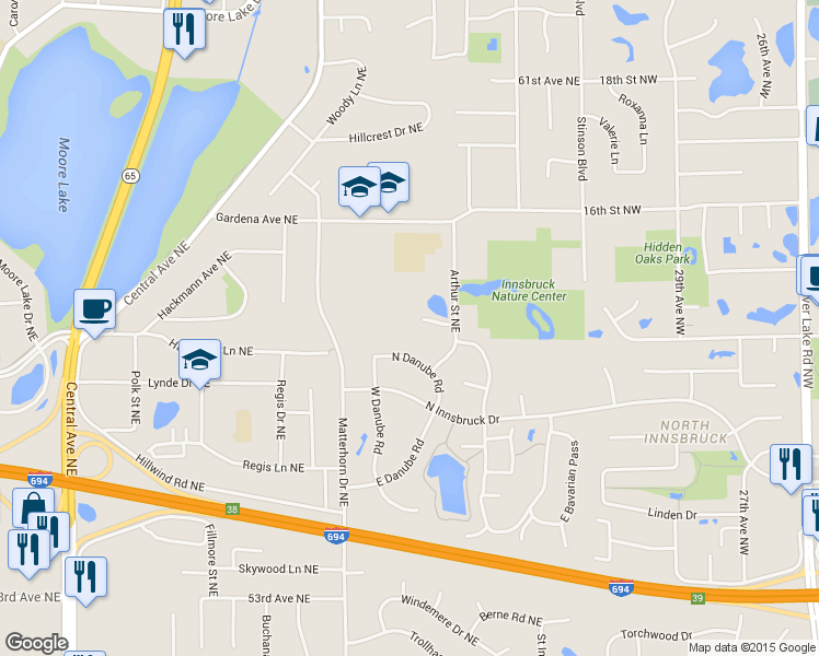 map of restaurants, bars, coffee shops, grocery stores, and more near 1422 Royal Oak Court Northeast in Fridley
