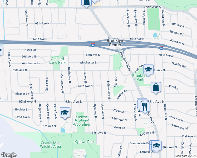 map of restaurants, bars, coffee shops, grocery stores, and more near 6424 Kyle Avenue North in Minneapolis