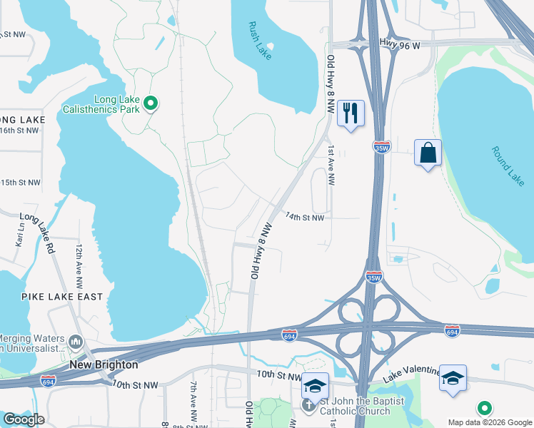 map of restaurants, bars, coffee shops, grocery stores, and more near 1392 Old Highway 8 Northwest in New Brighton
