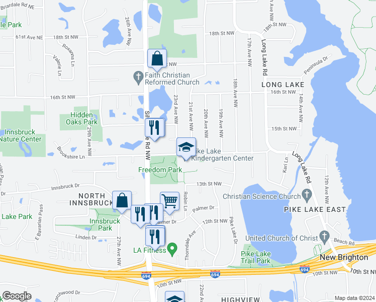 map of restaurants, bars, coffee shops, grocery stores, and more near 2050 14th Street Northwest in New Brighton