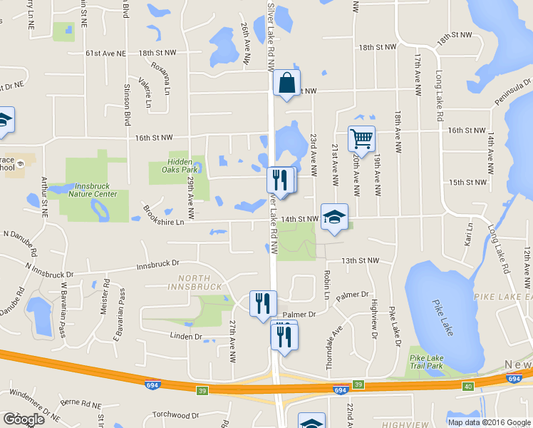 map of restaurants, bars, coffee shops, grocery stores, and more near 1420 Silver Lake Road Northwest in Saint Paul