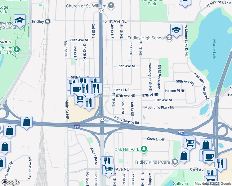 map of restaurants, bars, coffee shops, grocery stores, and more near 380 57th Place Northeast in Fridley
