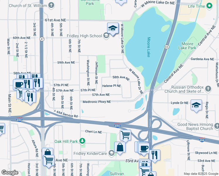map of restaurants, bars, coffee shops, grocery stores, and more near 650 Helene Place Northeast in Fridley