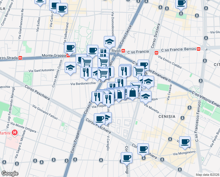 map of restaurants, bars, coffee shops, grocery stores, and more near 25 Via Luigi Capriolo in Torino