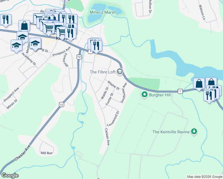 map of restaurants, bars, coffee shops, grocery stores, and more near 2 Foster Street in Kentville