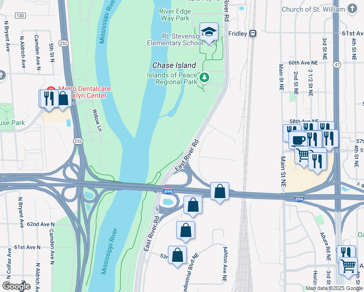 map of restaurants, bars, coffee shops, grocery stores, and more near 5700 East River Road in Minneapolis