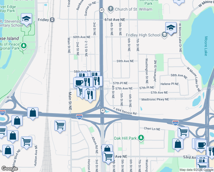 map of restaurants, bars, coffee shops, grocery stores, and more near 5701 University Avenue Northeast Service Road in Fridley