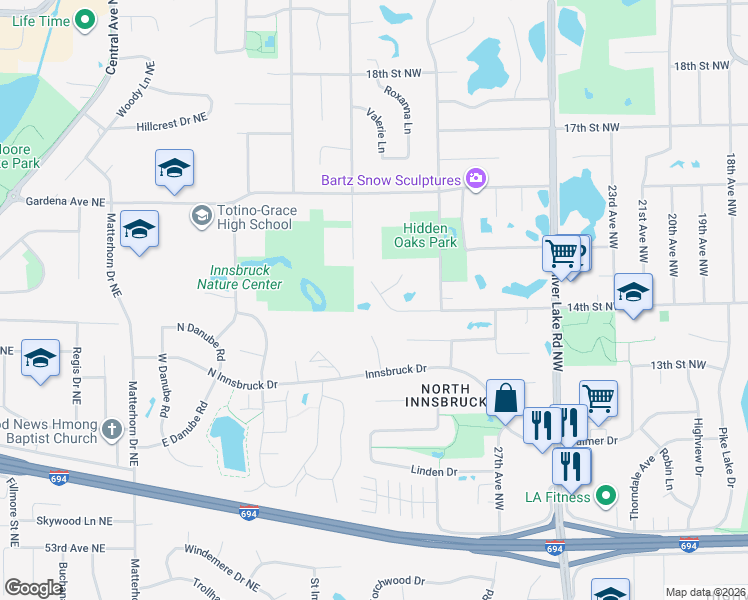 map of restaurants, bars, coffee shops, grocery stores, and more near 3115 Brookshire Lane in New Brighton