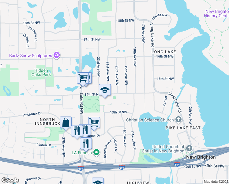 map of restaurants, bars, coffee shops, grocery stores, and more near 2050 14th Street Northwest in New Brighton