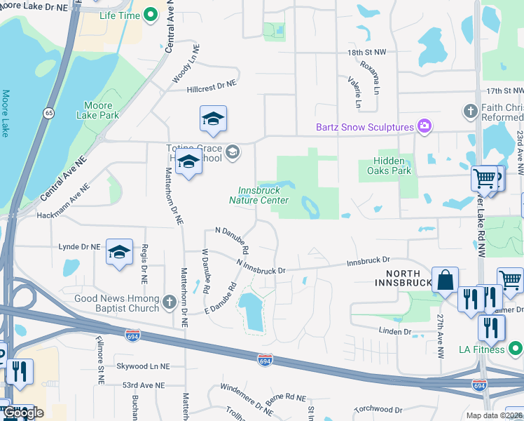 map of restaurants, bars, coffee shops, grocery stores, and more near 5805 Arthur Street Northeast in Fridley