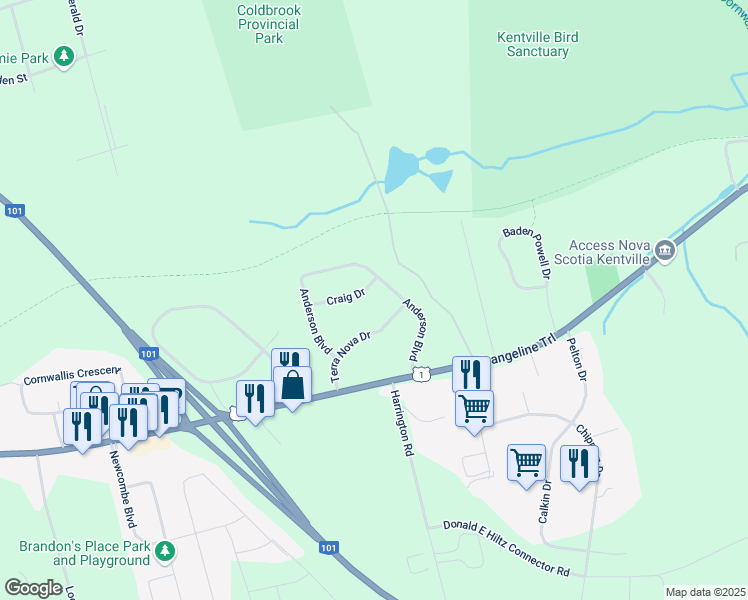 map of restaurants, bars, coffee shops, grocery stores, and more near 15 Anderson Boulevard in Kentville