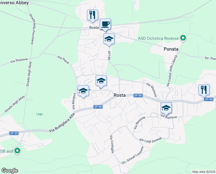 map of restaurants, bars, coffee shops, grocery stores, and more near 92 Via Piave in Rosta
